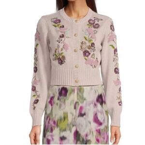 Marchesa Muse by Marchesa Cara Cotton Blend Crew Neck Floral Cardigan Small NEW